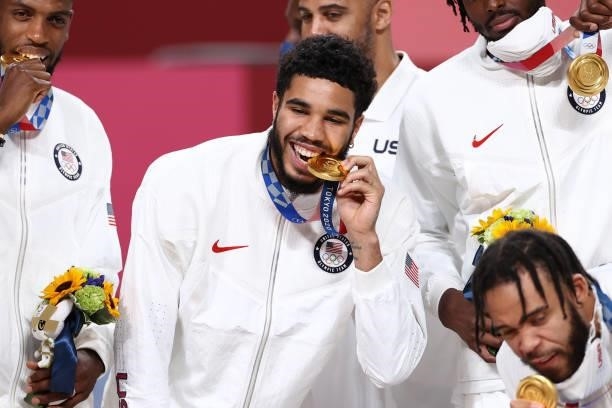 Jayson Tatum of the USA Men's National Team poses for a photo after winning the Gold Medal Game of the 2020 Tokyo Olympics on August 7, 2021 at the...