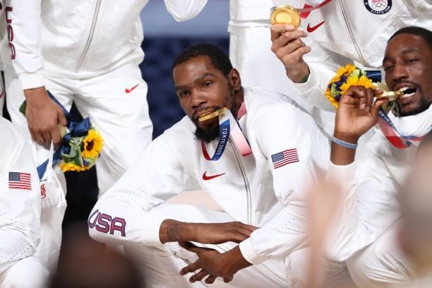 Kevin Durant of the USA Men's National Team poses for a photo after winning the Gold Medal Game of the 2020 Tokyo Olympics on August 7, 2021 at the...