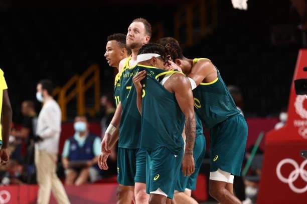 Patty Mills of the Australia Men's National Team celebrates after the game against the Slovenia Men's National Team during the Bronze Medal Game of...