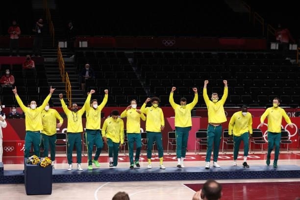 The Australia Men's National Team celebrate after winning the Bronze Medal during the 2020 Tokyo Olympics on August 7, 2021 at the Super Saitama...