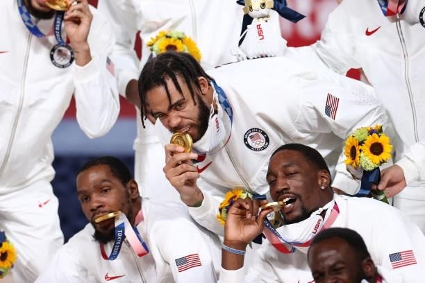 JaVale McGee of the USA Men's National Team poses for a photo after winning the Gold Medal Game of the 2020 Tokyo Olympics on August 7, 2021 at the...