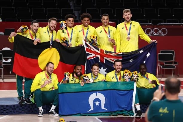 The Australia Men's National Team pose for a photo after winning the Bronze Medal during the 2020 Tokyo Olympics on August 7, 2021 at the Super...