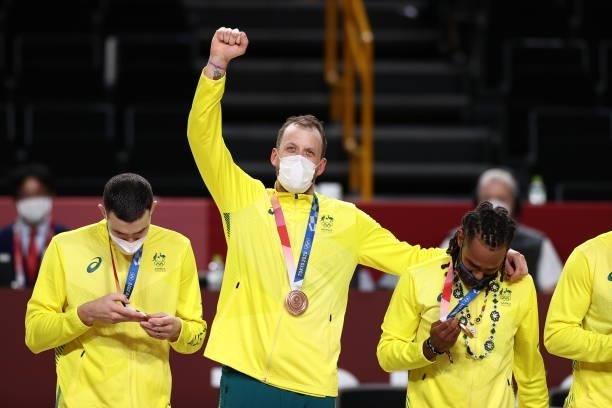 Joe Ingles of the Australia Men's National Team celebrates after winning the Bronze Medal during the 2020 Tokyo Olympics on August 7, 2021 at the...