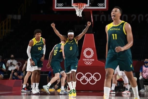 Australia's Patty Mills reacts during the men's bronze medal basketball match between Slovenia and Australia during the Tokyo 2020 Olympic Games at...
