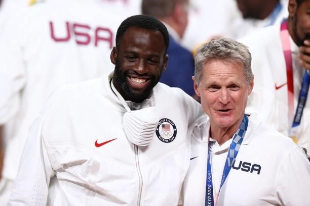 Draymond Green of the USA Men's National Team poses for a photo with Assistant Coach, Steve Kerr after winning the Gold Medal Game of the 2020 Tokyo...