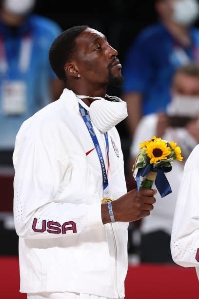 Bam Adebayo of the USA Men's National Team stands for the national anthem after winning the Gold Medal Game of the 2020 Tokyo Olympics on August 7,...