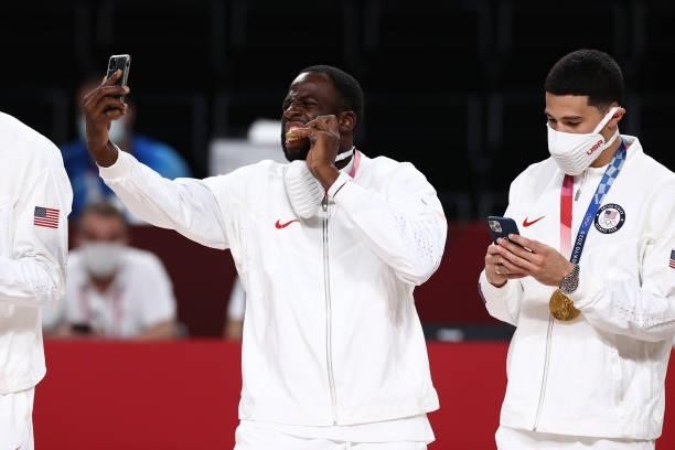 Draymond Green of the USA Men's National Team poses for a photo after winning the Gold Medal Game of the 2020 Tokyo Olympics on August 7, 2021 at the...