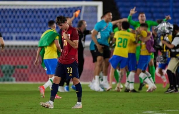 Juan Miranda of Spain regrets after during the Men's Gold Medal Match between Brazil and Spain on day fifteen of the Tokyo 2020 Olympic Games at...