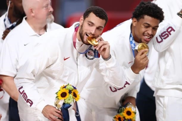 Zach LaVine of the USA Men's National Team poses for a photo after winning the Gold Medal Game of the 2020 Tokyo Olympics on August 7, 2021 at the...