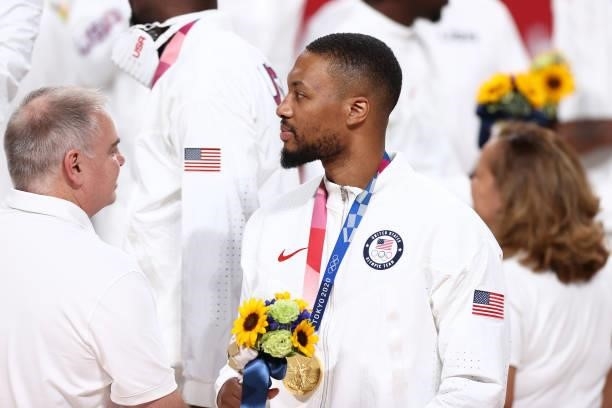 Damian Lillard of the USA Men's National Team looks on after winning the Gold Medal Game of the 2020 Tokyo Olympics on August 7, 2021 at the Super...
