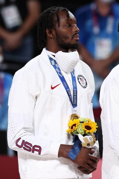 Jerami Grant of the USA Men's National Team stands for the national anthem after winning the Gold Medal Game of the 2020 Tokyo Olympics on August 7,...