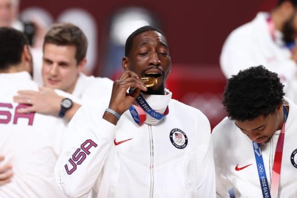 Bam Adebayo of the USA Men's National Team celebrates after winning the Gold Medal Game of the 2020 Tokyo Olympics on August 7, 2021 at the Super...