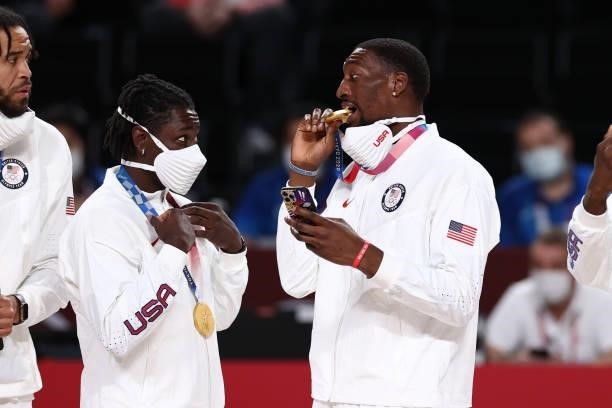 Jrue Holiday and Bam Adebayo of the USA Men's National Team celebrate after winning the Gold Medal Game of the 2020 Tokyo Olympics on August 7, 2021...