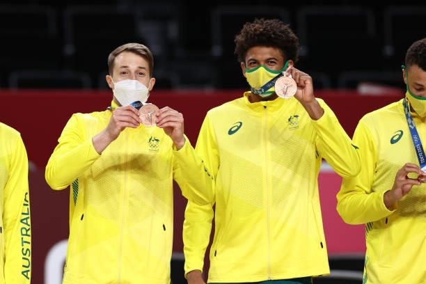 Nathan Sobey and Matisse Thybulle of the Australia Men's National Team pose for a photo after winning the Bronze Medal during the 2020 Tokyo Olympics...