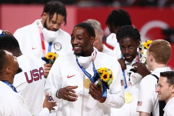 Bam Adebayo of the USA Men's National Team celebrates after winning the Gold Medal Game of the 2020 Tokyo Olympics on August 7, 2021 at the Super...