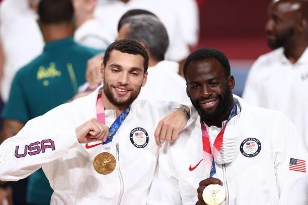 Zach LaVine and Draymond Green of the USA Men's National Team pose for a photo after winning the Gold Medal Game of the 2020 Tokyo Olympics on August...