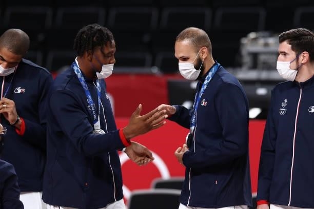 Evan Fournier of the France Men's National Team celebrates after winning the Silver Medal during the 2020 Tokyo Olympics on August 7, 2021 at the...