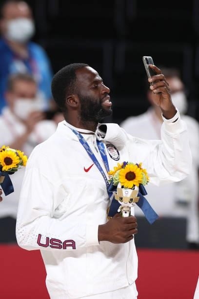Draymond Green of the USA Men's National Team celebrates after winning the Gold Medal Game of the 2020 Tokyo Olympics on August 7, 2021 at the Super...