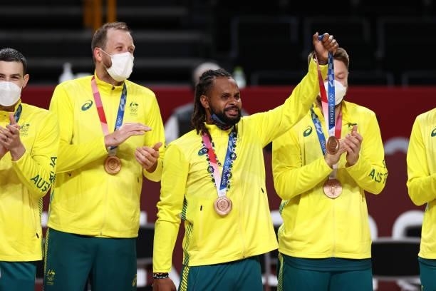 Patty Mills of the Australia Men's National Team celebrates after winning the Bronze Medal during the 2020 Tokyo Olympics on August 7, 2021 at the...