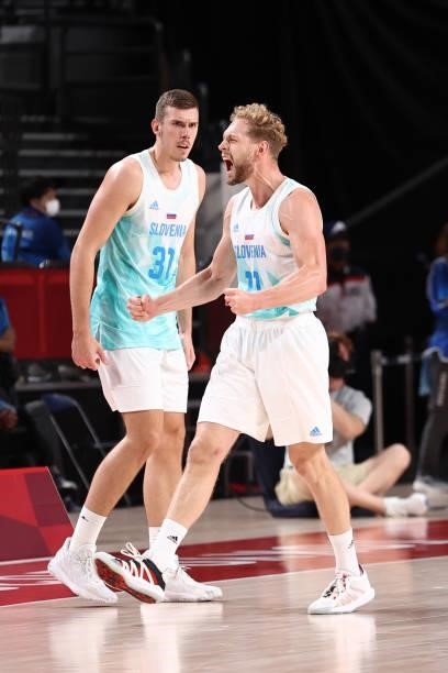 Vlatko Cancar and Jaka Blazic of the Slovenia Men's National Team celebrate during the game against the Australia Men's National Team during the...