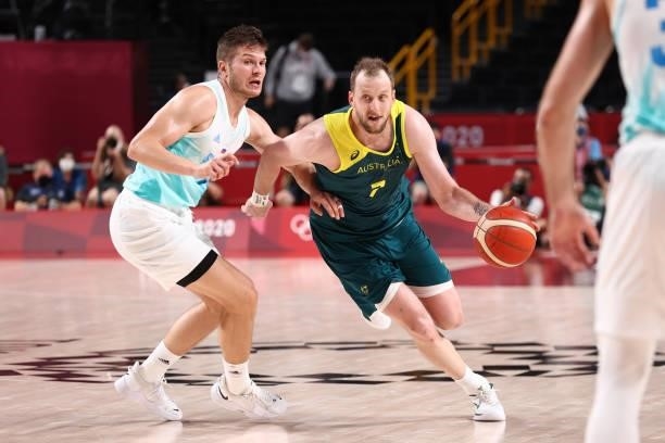 Joe Ingles of the Australia Men's National Team dribbles the ball during the game against the Slovenia Men's National Team during the Bronze Medal...