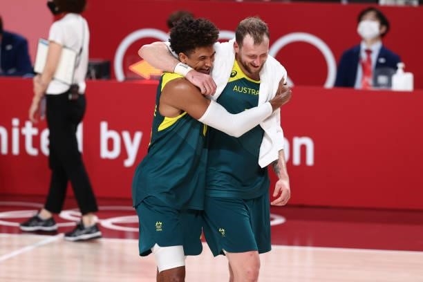 Matisse Thybulle and Joe Ingles of the Australia Men's National Team celebrate after winning the Bronze Medal Game of the 2020 Tokyo Olympics on...
