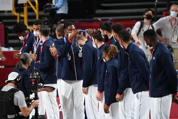 Second placed France's players receive their silver medals during the medal ceremony for the men's basketball competition of the Tokyo 2020 Olympic...