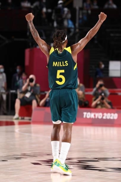Patty Mills of the Australia Men's National Team celebrates during the game against the Slovenia Men's National Team during the Bronze Medal Game of...