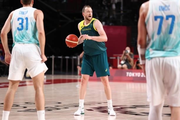 Joe Ingles of the Australia Men's National Team handles the ball during the game against the Slovenia Men's National Team during the Bronze Medal...