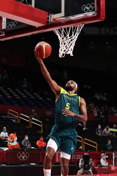 Patty Mills of the Australia Men's National Team shoots the ball during the game against the Slovenia Men's National Team during the Bronze Medal...