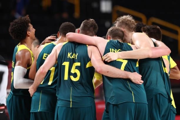 The Australia Men's National Team huddle during the game against the Slovenia Men's National Team during the Bronze Medal Game of the 2020 Tokyo...
