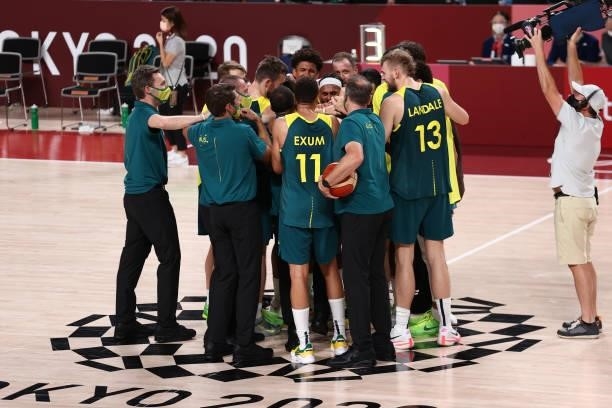 The Australia Men's National Team celebrate after winning the Bronze Medal Game of the 2020 Tokyo Olympics on August 7, 2021 at the Super Saitama...
