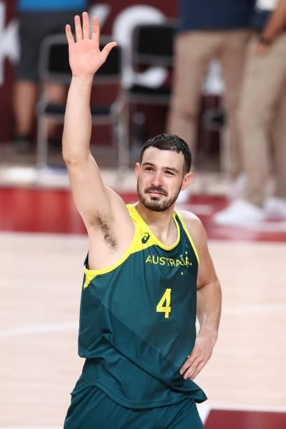 Chris Goulding of the Australia Men's National Team celebrates after winning the Bronze Medal Game of the 2020 Tokyo Olympics on August 7, 2021 at...