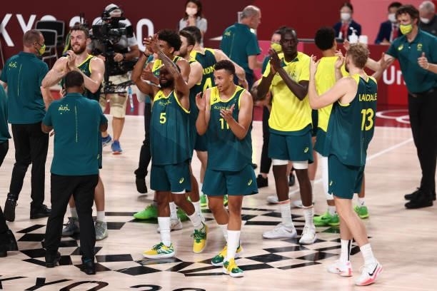Dante Exum and the Australia Men's National Team celebrate after winning the Bronze Medal Game of the 2020 Tokyo Olympics on August 7, 2021 at the...