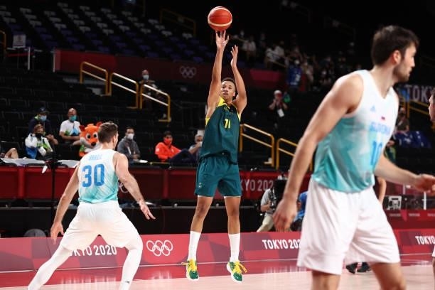Dante Exum of the Australia Men's National Team shoots a three point basket during the game against the Slovenia Men's National Team during the...