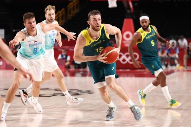 Nic Kay of the Australia Men's National Team looks to pass the ball during the game against the Slovenia Men's National Team during the Bronze Medal...