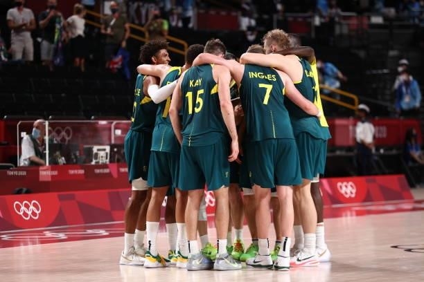 The Australia Men's National Team celebrate after winning the Bronze Medal Game of the 2020 Tokyo Olympics on August 7, 2021 at the Super Saitama...