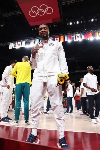 Damian Lillard of the USA Men's National Team poses for a picture during the Medal Ceremony of the 2020 Tokyo Olympics at the Saitama Super Arena on...