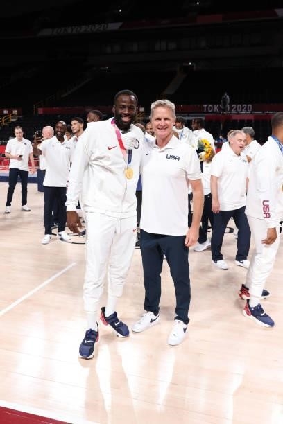 Draymond Green of the USA Men's National Team and Assistant Coach, Steve Kerr of the USA Men's National Team pose for a picture during the Medal...