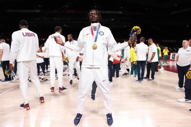 Jerami Grant of the USA Men's National Team poses for a picture during the Medal Ceremony of the 2020 Tokyo Olympics at the Saitama Super Arena on...
