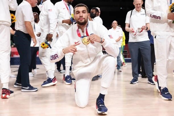Zach LaVine of the USA Men's National Team poses for a picture during the Medal Ceremony of the 2020 Tokyo Olympics at the Saitama Super Arena on...