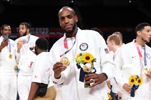 Khris Middleton of the USA Men's National Team poses for a picture during the Medal Ceremony of the 2020 Tokyo Olympics at the Saitama Super Arena on...