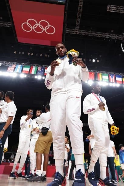 Khris Middleton of the USA Men's National Team poses for a picture during the Medal Ceremony of the 2020 Tokyo Olympics at the Saitama Super Arena on...