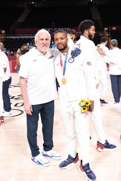Head Coach Gregg Popovich of the USA Men's National Team and Damian Lillard of the USA Men's National Team pose for a picture during the Medal...