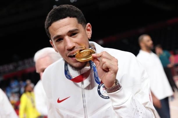Devin Booker of the USA Men's National Team poses for a picture during the Medal Ceremony of the 2020 Tokyo Olympics at the Saitama Super Arena on...
