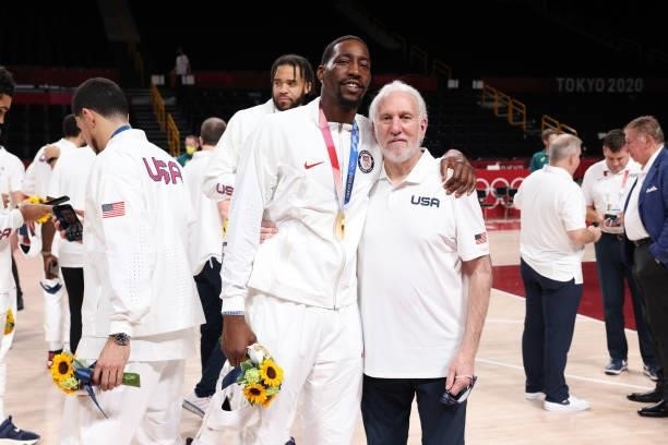Bam Adebayo of the USA Men's National Team and Head Coach Gregg Popovich of the USA Men's National Team pose for a picture during the Medal Ceremony...