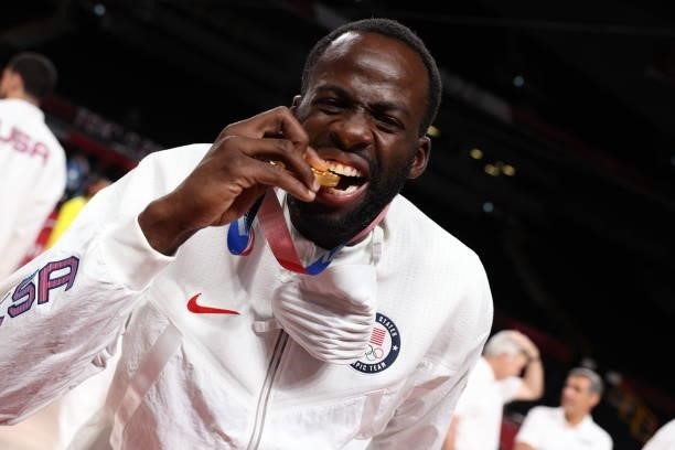 Draymond Green of the USA Men's National Team poses for a picture during the Medal Ceremony of the 2020 Tokyo Olympics at the Saitama Super Arena on...
