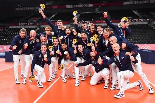 Team of France celebrates the victory with the gold medal during the Men's Final match between ROC and France at Ariake Arena on August 7, 2021 in...