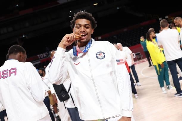 Keldon Johnson of the USA Men's National Team poses for a picture during the Medal Ceremony of the 2020 Tokyo Olympics at the Saitama Super Arena on...