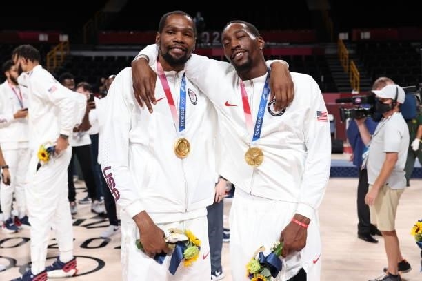 Kevin Durant and Bam Adebayo of the USA Men's National Team pose for a picture during the Medal Ceremony of the 2020 Tokyo Olympics at the Saitama...
